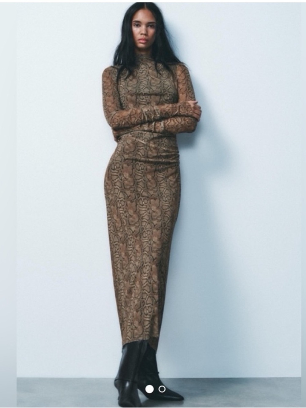 NWT Zara Snake print stretch ruched tulle mock neck dress XS